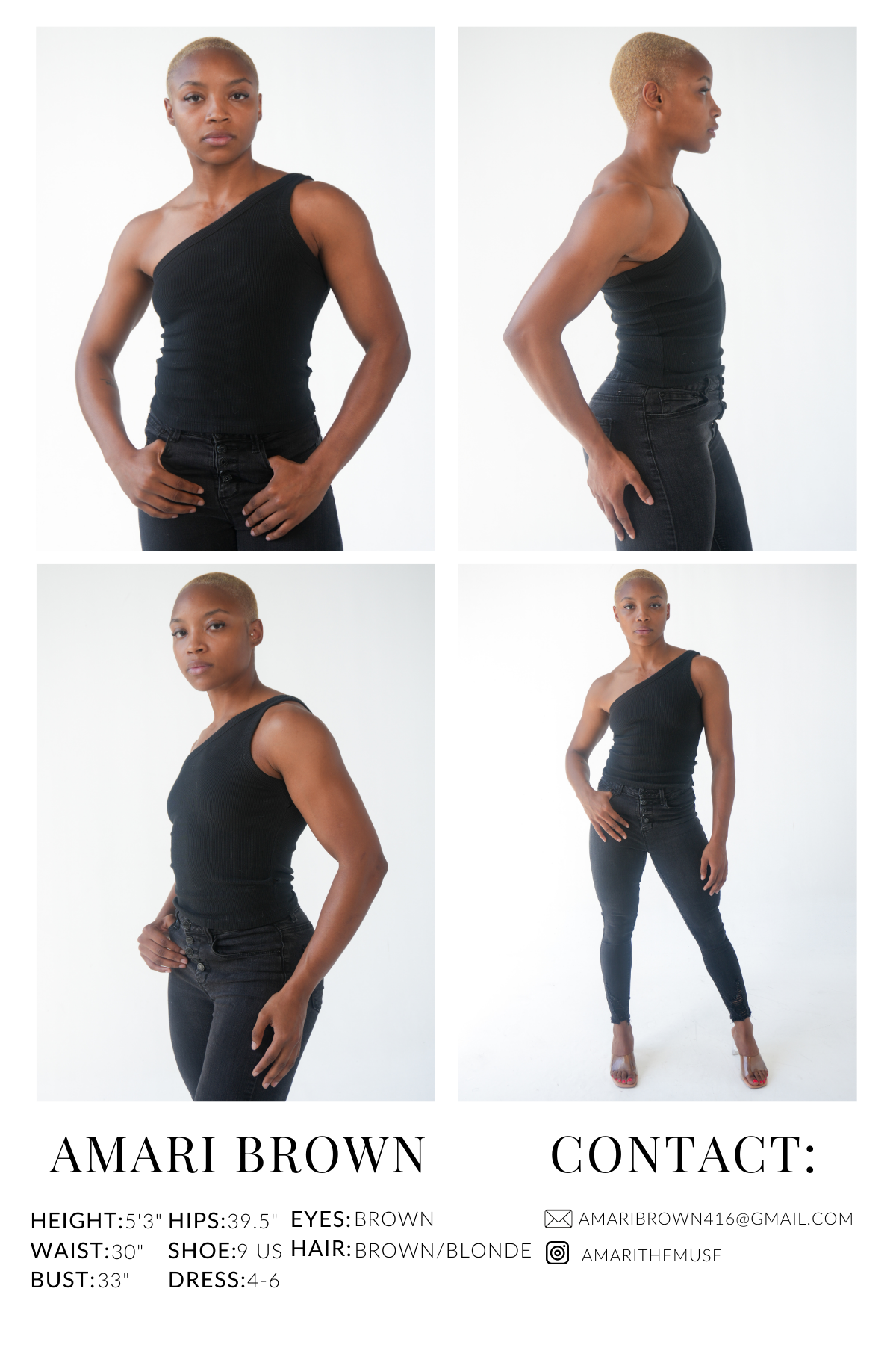 Comp card with four digitals, measurements and contact details